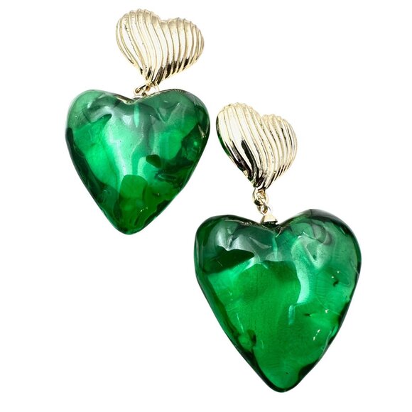 Oversized Green Lucite Gold Tone Earrings Pierced Chandelier New - Picture 1 of 4